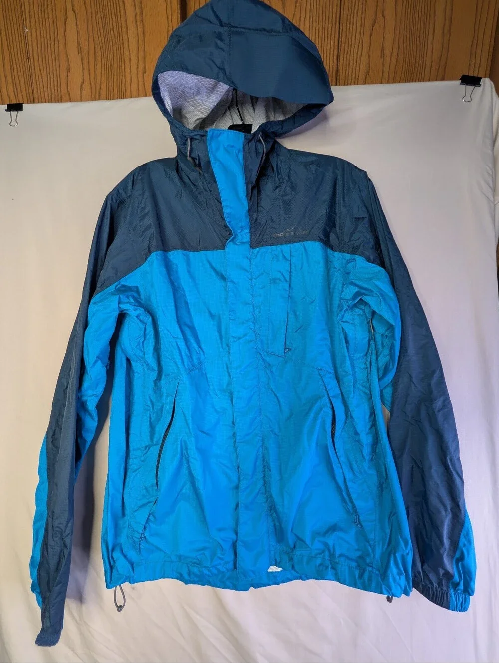 Eddie Bauer Men’s Size S WeatherEdge Rain Jacket Blue Colorway Hooded Full Zip